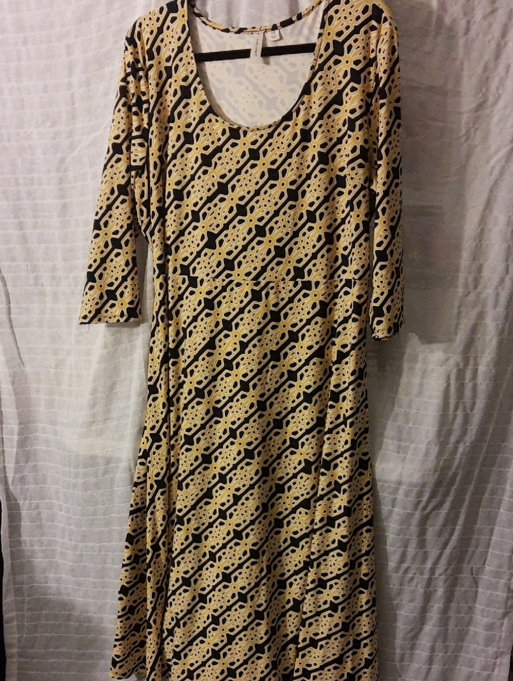 Tacera Beige and Black Long Sleeve Scoop Neck Patterned Dress